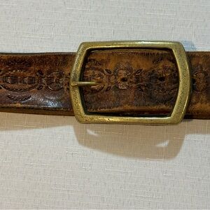 Vintage Tooled Leather Belt Solid Brass Brown Western